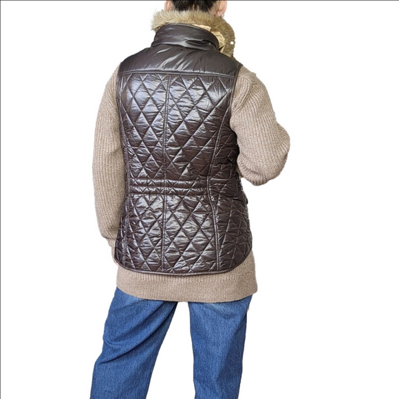 Quilted vest Vegan fur trim collar Brown Neutral Gold snaps color Zipper TALBOTS - Picture 7 of 16